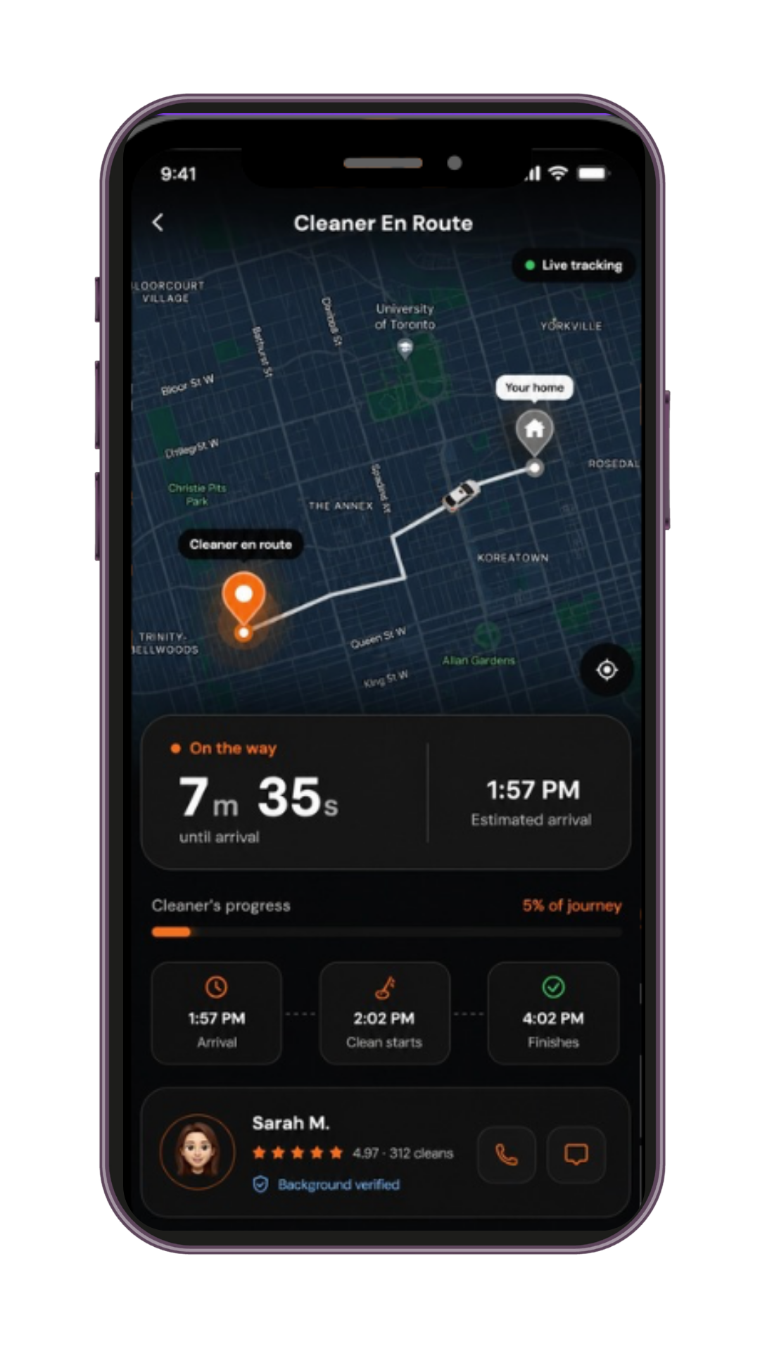 The ApexShine app tracking screen showing the cleaner en route on a map with arrival time